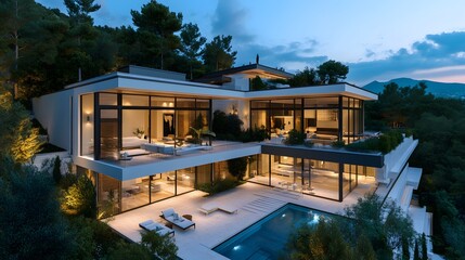 Fototapeta premium Modern Mansion: An eye-level perspective captures a luxurious modern mansion. featuring expansive windows and an inviting outdoor pool. Emitting a sense of opulence and sophisticated living.