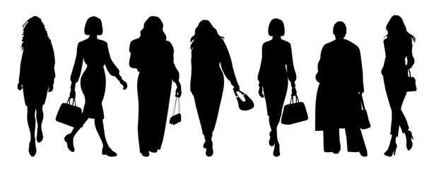 Silhouettes of Diverse Business women walking down a street, wearing modern fashionable office outfit, carrying handbags. Flat vector black illustration isolated on transparent background