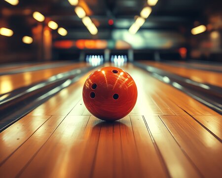 Bowling ball strikes pins on a wooden lane, fastpaced action shot, blurred background, dynamic movement, highdefinition detail, dramatic lighting