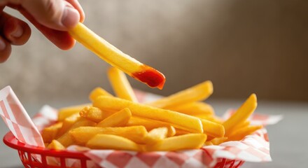 Hand dipping French fry in ketchup, basket of fries on table