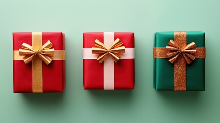 Fototapeta premium Colorful Gift Boxes with Gold and Silver Ribbons on Soft Green Background for Holiday Celebrations