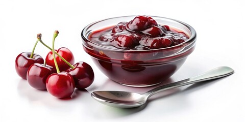 A delectable bowl of homemade cherry preserves, glistening with a rich, dark red hue, sits beside a cluster of fresh, ripe cherries and a gleaming spoon, ready to be enjoyed.