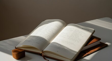 Fototapeta premium Open book on sunlit desk with shadow