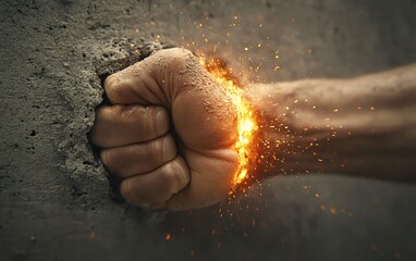 Closeup of a powerful fist punching through concrete, surrealistic break, strength and force concept, raw energy, highdefinition photography