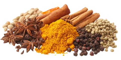 vibrant assortment of spices including turmeric, cinnamon, and star anise, perfect for enhancing culinary dishes with rich flavors and aromas