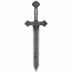 Celtic Sword. Isolated Hand-Drawn Vintage Metal Decoration on White Background