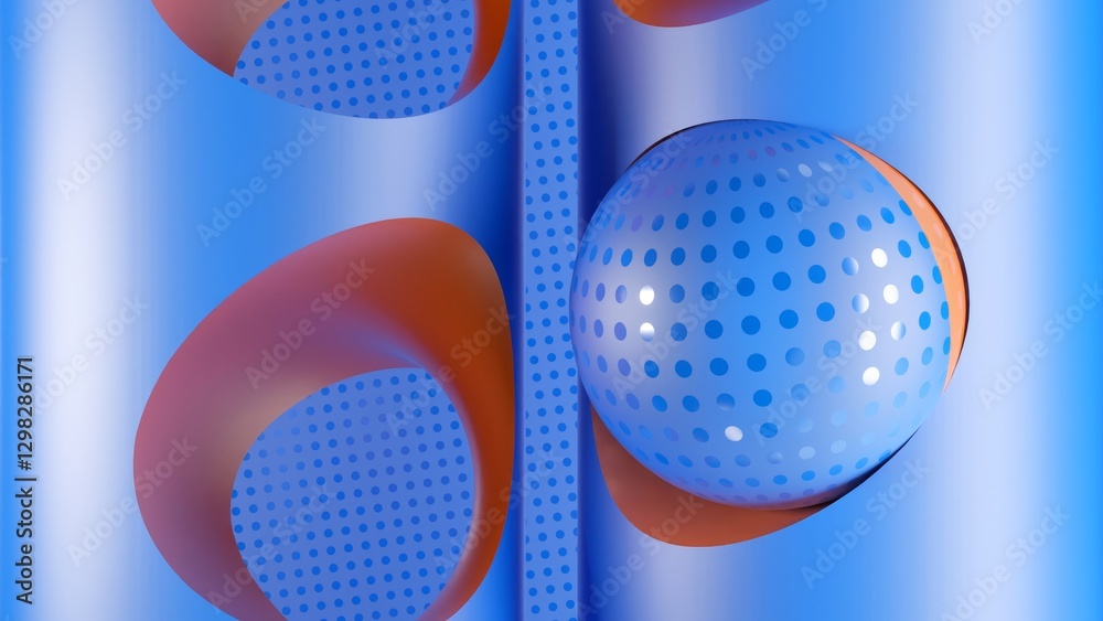 Poster colorful geometric sphere dynamically bouncing through perforated abstract structure, generating vib