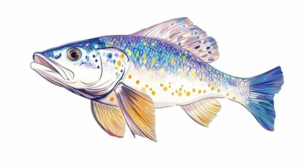 Obraz premium Barramundi - Fresh Fish with Vibrant Colors, Detailed Tail and Fin on White Background