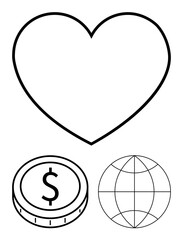 Heart shape, dollar coin, and globe outline emphasizing love, financial stability, and global unity. Ideal for charity, sustainability, economy, globalization philanthropy social impact abstract