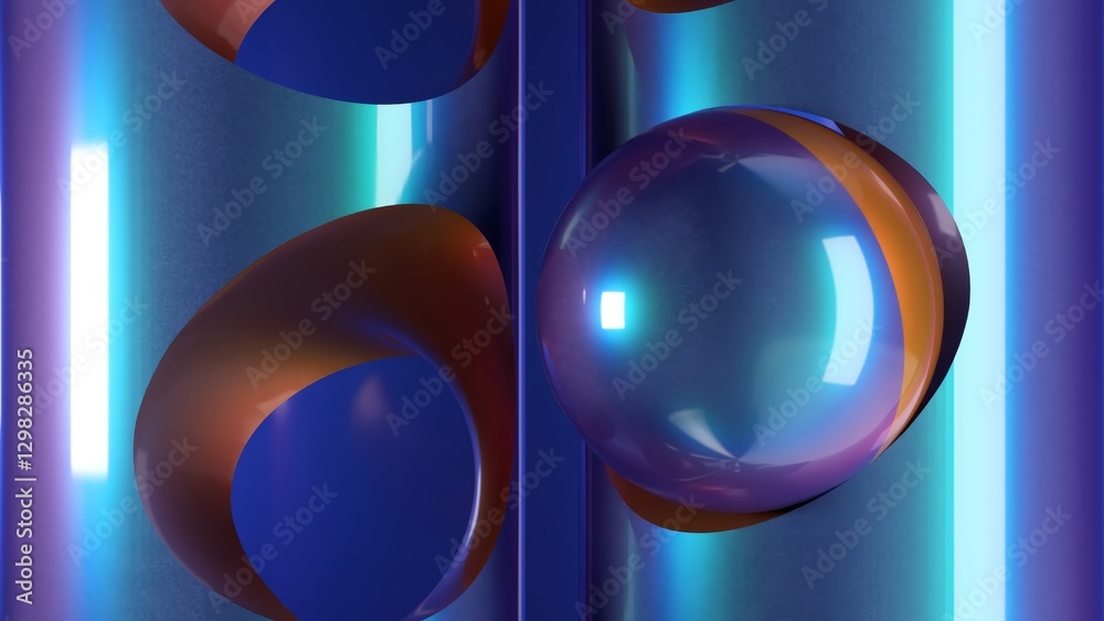 Poster glossy sphere bouncing dynamically inside perforated metallic structure, illuminated by pulsating ne