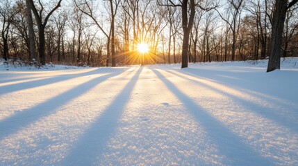 Sunlight Through Trees on Snow Covered Field