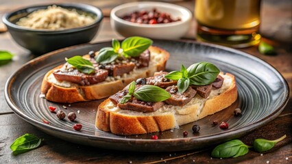 Delicious Toasted Bread with Creamy Spread Topped with Savory Seared Meat and Fresh Basil Garnish