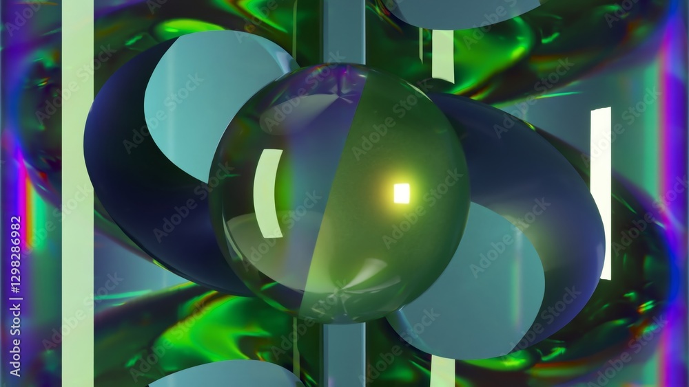 Poster abstract animation showing a green sphere rotating inside an abstract structure with iridescent refl