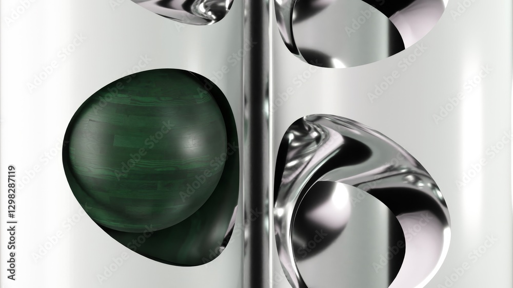 Poster green metallic sphere dynamically rolling through chrome-finished perforated surface, generating abs