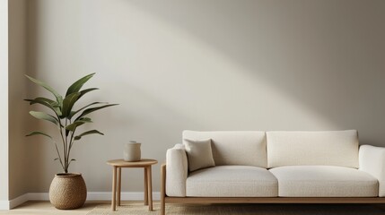 Minimalist Living Room Design featuring Cozy Sofa, Potted Plant, and Natural Light for Home Decor Inspiration
