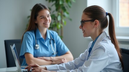 Fototapeta premium Friendly Young Medical Professionals Consulting in Bright Office