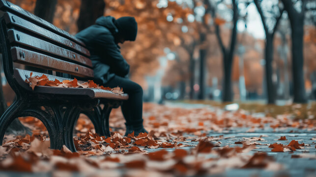 A solitary figure sitting on a park bench with head bowed, surrounded by blurred autumn leaves, symbolizes feelings of isolation and emotional struggle