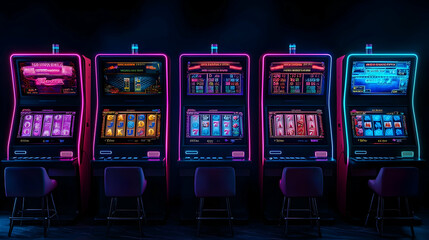Five Illuminated Slot Machines in Neon Colors Displaying Digital Graphics on Black Background