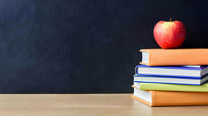 Red Apple Perched Atop a Stack of Books on a Wooden Desk Against a Dark Background