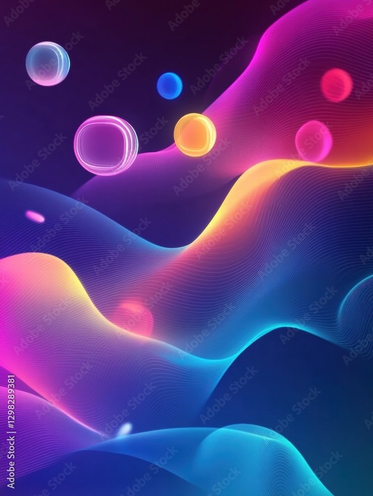 Aufkleber Colorful abstract waves with glowing spheres create a dynamic visual experience in a vibrant digital landscape. Generative AI