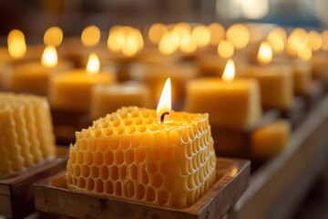 Bienenwachs candles production. Beeswax Candle Making Process in Factory with Celebrative Background Lighting