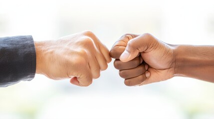 Two hands performing a fist bump, symbolizing connection, agreement, or celebration, set against a soft, blurred background.