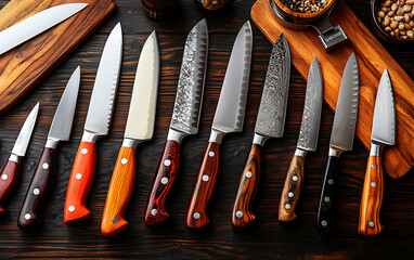 A collection of chefs knives with vibrant wooden handles arranged on a dark wood surface.  The image evokes a sense of culinary expertise and sophistication.