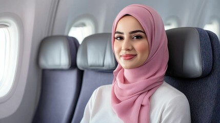 A Muslim passenger is seen praying quietly in the airplane cabin lost in spiritual reflection during their air travel journey