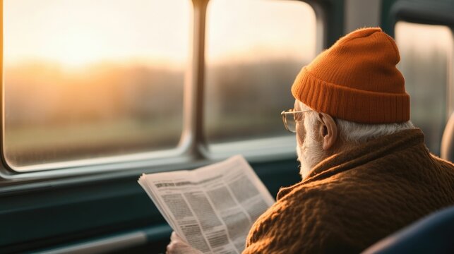An elderly Caucasian man sitting by the train window reading a newspaper and reflecting on his journey  The serene and contemplative scene captures the tranquility and nostalgia of train travel