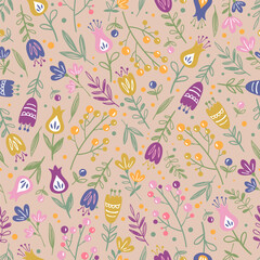 Flowers, wildflowers pattern, hand drawn, light brown background, seamless pattern