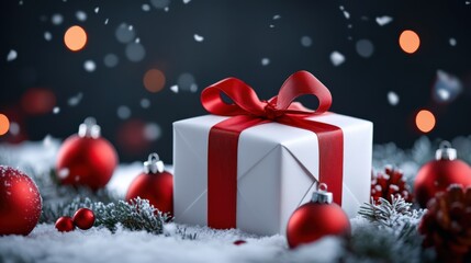 Christmas gift with red ribbon and ornaments on snow