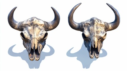Bison Skull. Front and Side View of Cow Skull with Horns Isolated on White Background