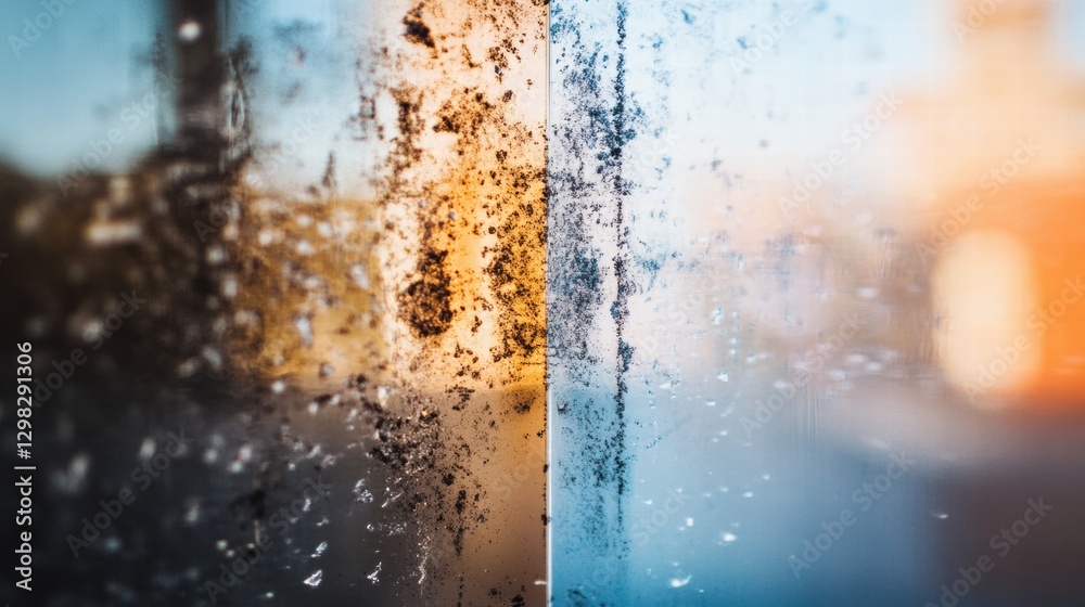 Poster window pane showing contrasting dirt and cleanliness with soft light reflecting on a sunny day in an