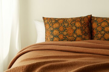 Obraz premium Warm and inviting bedroom scene featuring patterned pillows and