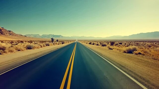 Scenic desert highway stretches endlessly towards mountains under a clear blue sky during golden hour
