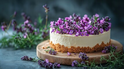 Creamy Cake Decorated With Fresh Purple Lavender Flowers on Wooden Plate with Crumb Base against Textured Background