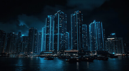 Obraz premium A vibrant skyline showcases towering structures glowing with neon lights amidst a starry night in an alien city