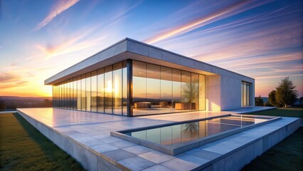 Modern Architectural Design Sunset Reflection on Glass Walls of Minimalist Home with Integrated Pool