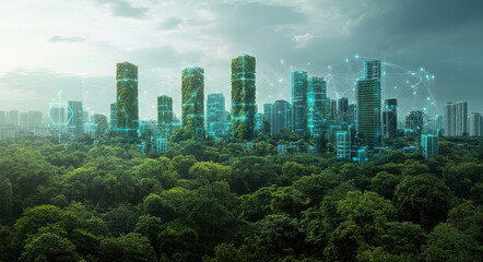 Obraz premium A skyline of towering structures is seamlessly integrated with lush greenery, highlighting a blend of nature and digital technology