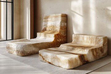 Unique sculptural seating made of natural stone in a modern interior with soft lighting and textures
