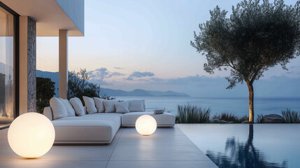 Fototapeta premium Elegant outdoor space showcases spherical lights next to a sleek table, with calm waters reflecting the serene colors of the dusk sky. Minimalist design enhances tranquility