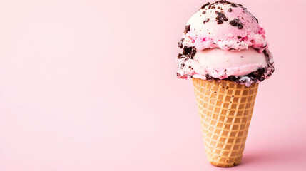 Double Scooped Pink Ice Cream With Chocolate Bits In A Waffle Cone On Pink Background