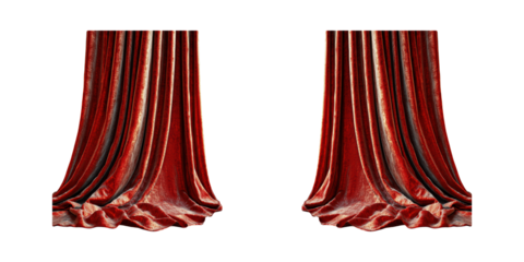 Red velvet theater curtains draped elegantly isolated on transparent background