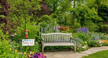 Wooden bench in vibrant garden with sign "Kindness Starts Here"