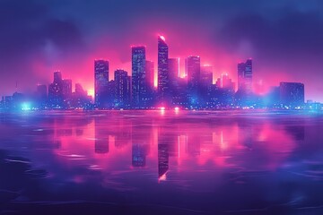 Fototapeta premium Vibrant city skyline at dusk with neon lights reflecting on water, evoking a futuristic atmosphere