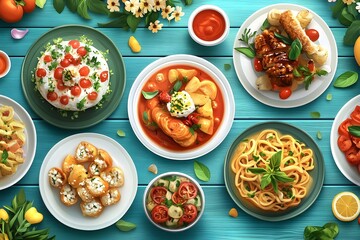 Colorful and enticing delicacies on the dining table