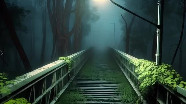 Mysterious Bridge Shrouded in Fog with Dim Streetlamp