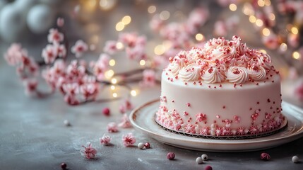 Round Layered Pink Cake Decorated with Cream and Floral Sprinkles on a White Plate with Blossoms in Bokeh Background