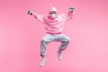 Naklejka premium Person in Pink Hoodie, Mask, and Gloves Jumping on Pink Background