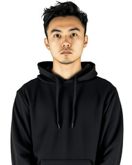 Serious young man wearing black hoodie with transparent background